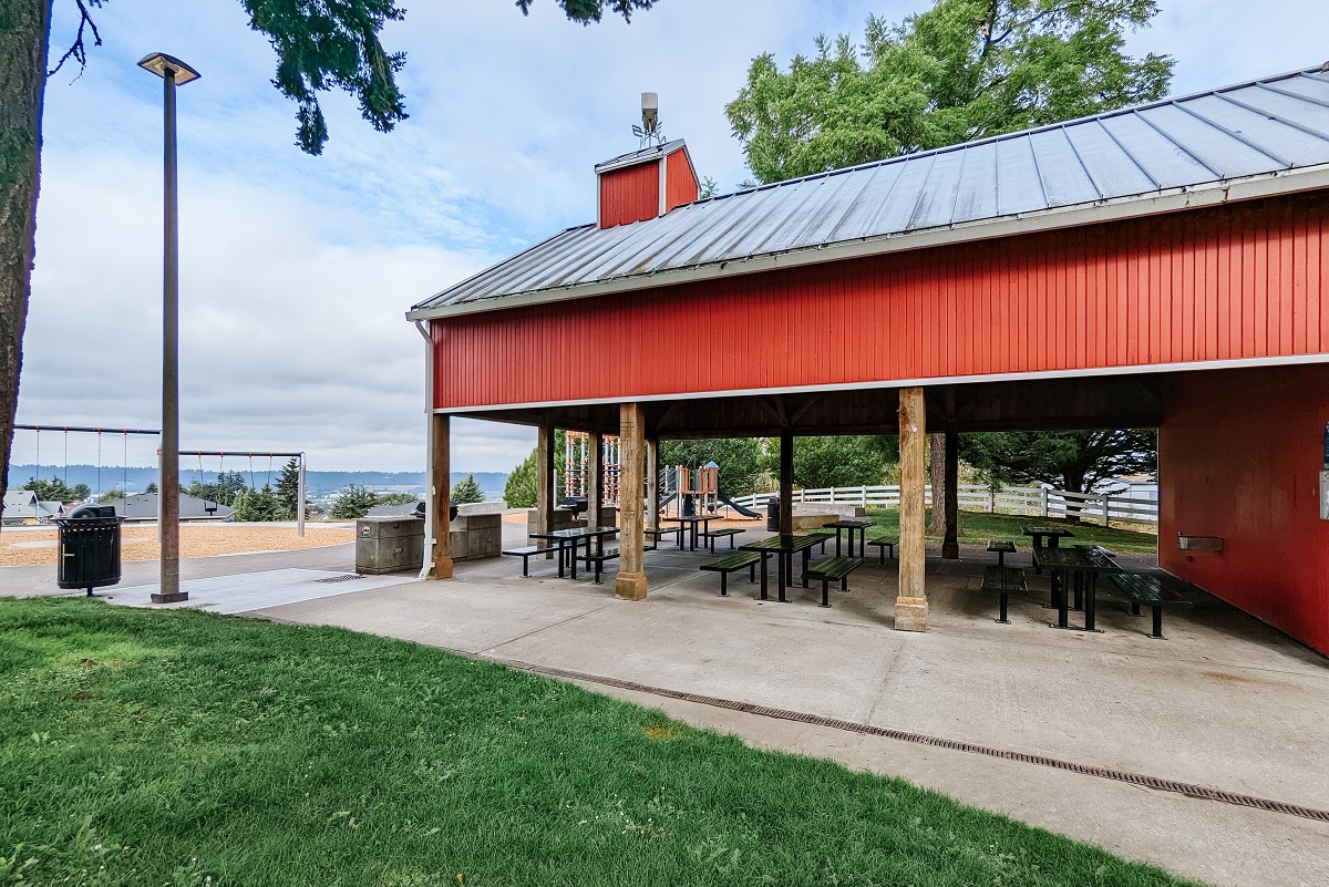 Excellent barn shaped picnic shelter at Kent’s Chestnut Ridge Park holds six picnic tables and two grills for gatherings and families