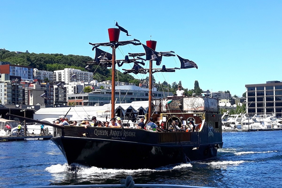 View of the Emerald City Pirates Family Treasure Cruise ship on Lake Union, a fun adventure outing for Seattle kids and families