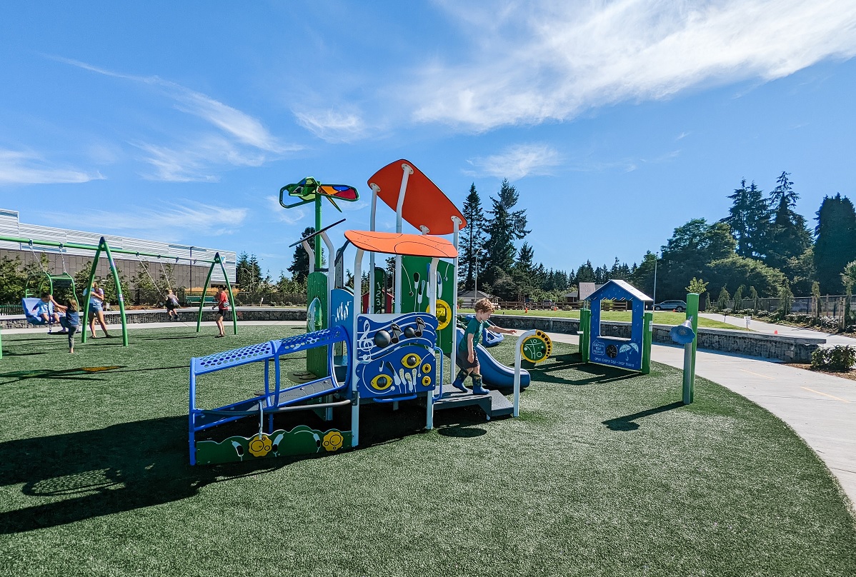 View of toddler play equipment at the new playground at Everett’s Emma Yule Park