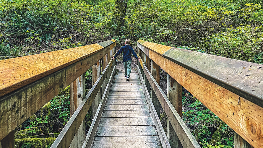"Young boy walking across a wooden bridge at Evans Creek Perserve"