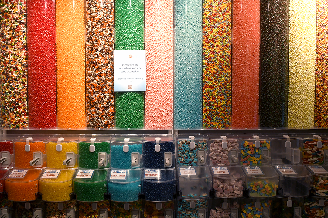 Colorful jelly bean candy dispensers at Great Wolf Lodge Grand Mound