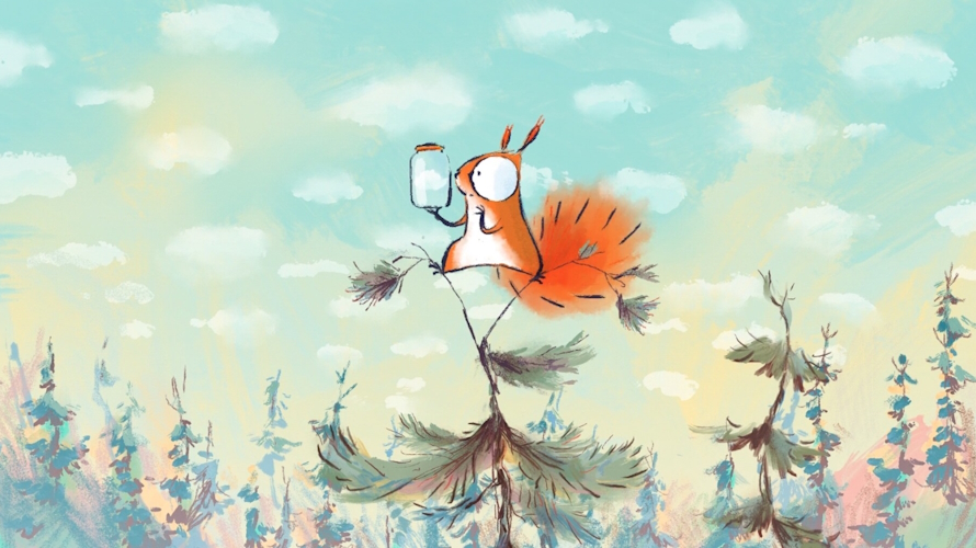 "A cartoon squirrel at the top of a tree looking at a glass jar"