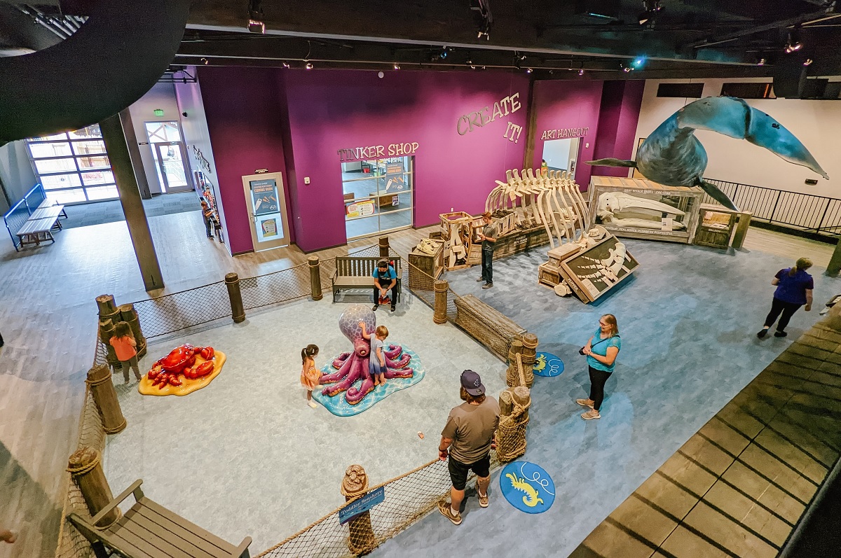 Aerial view of tot play area with sea creatures at Port Gardner Bay exhibit area of Imagine Children's Museum
