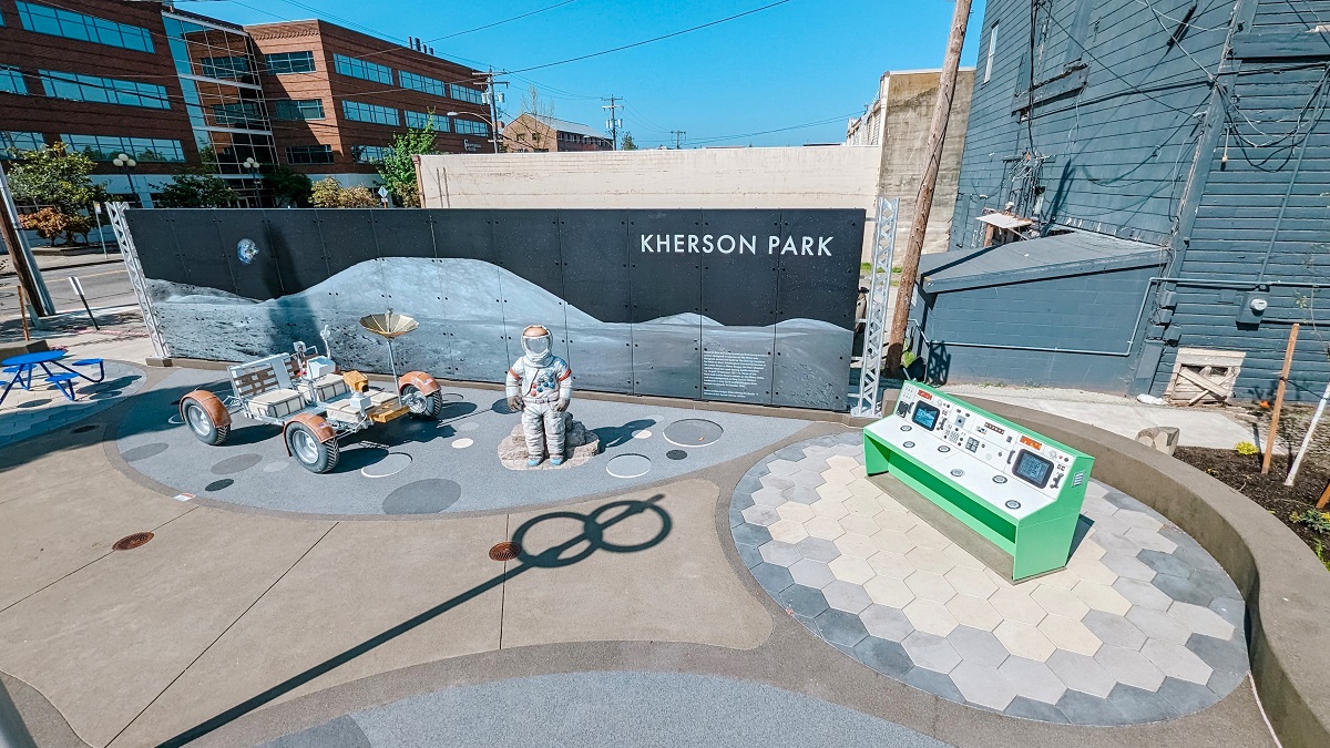 Wide view of space themed playground at Kent's Kherson park