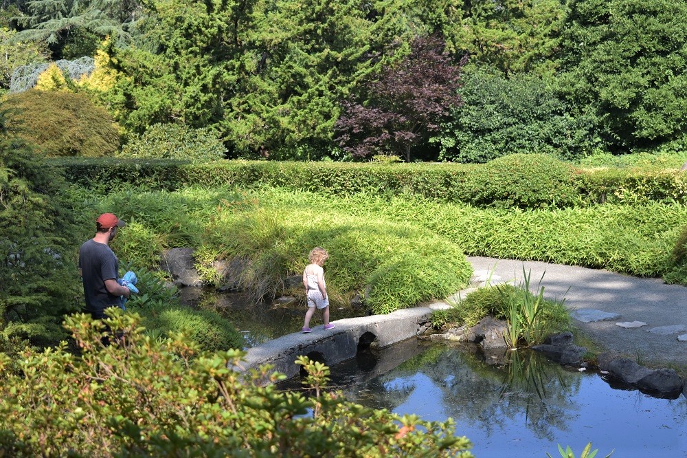 A small girl cross a stone bridge at Seattle’s Kubota Garden with her dad following behind