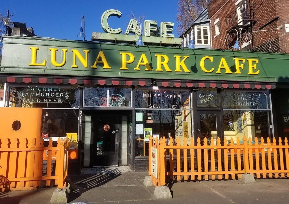View of the exterior of popular Luna Park Cafe in West Seattle 1950s retro diner for family fun milkshakes breakfast all day