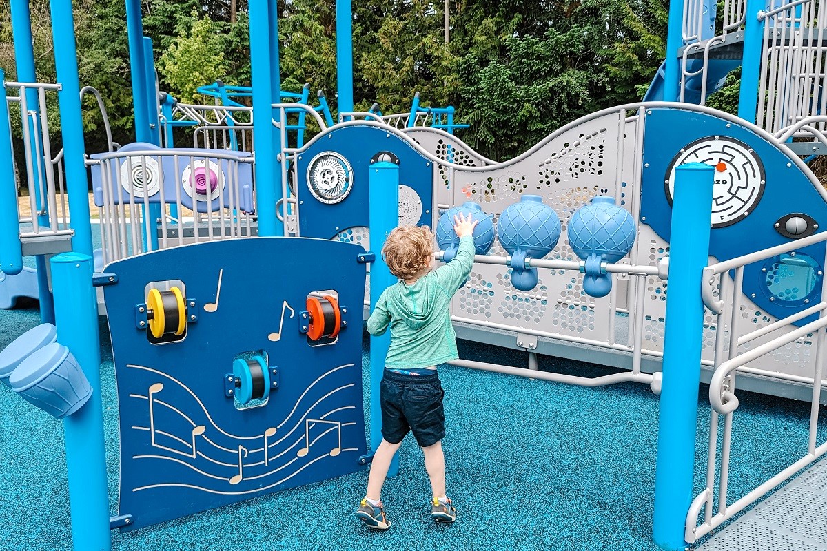 Fun sensory elements including many musical instruments entertain kids of all abilities at Meadowdale Playfields' new playground