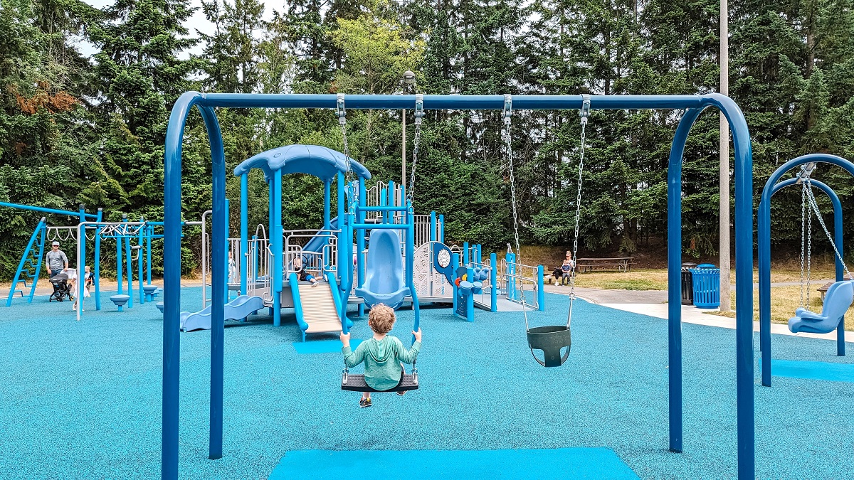Kids swing on the swings of various types at Meadowdale Playfields' updated, accessible new playground