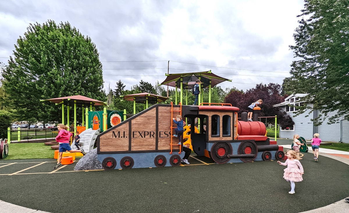 View of the M.I. Express train climber at Merderdale Park’s updated playground known as Train Park on Mercer Island
