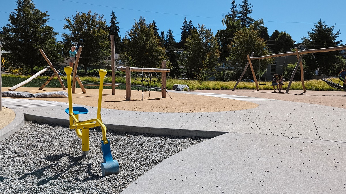 The digger toy at Mika’s Playground in Edmonds, newly installed accessible play space at Edmonds’ Civic Center Playfield