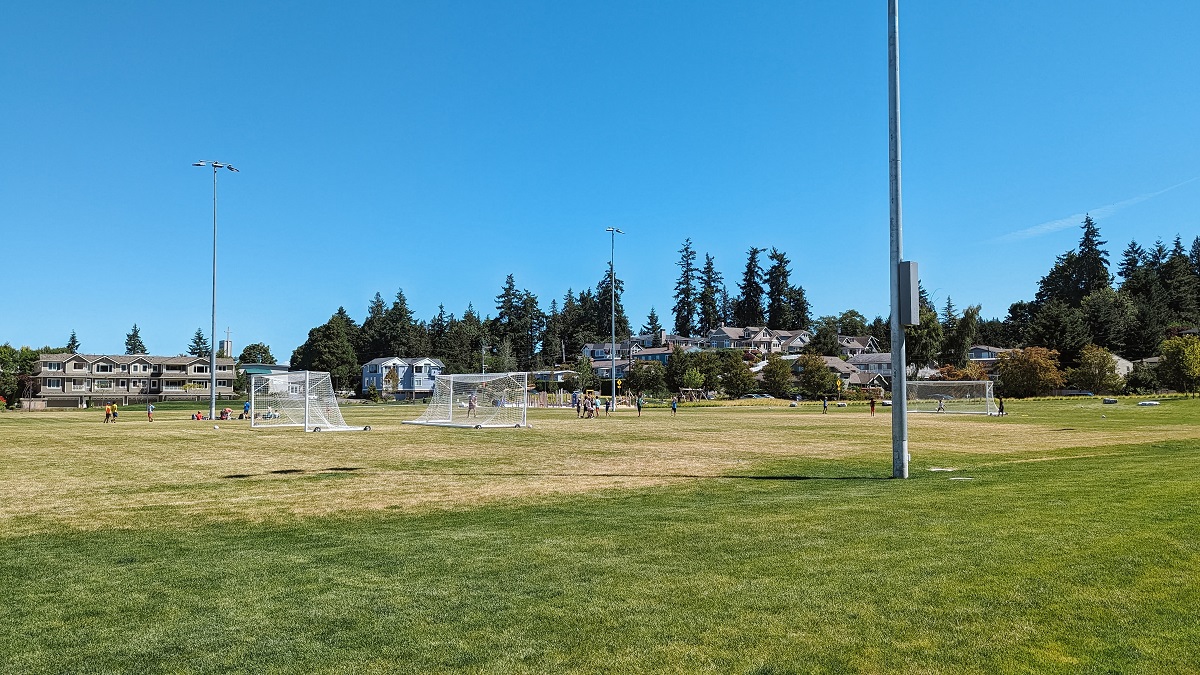 Sports fields at newly renovated Civic Center Playfield in Edmonds host sports events and community families for play