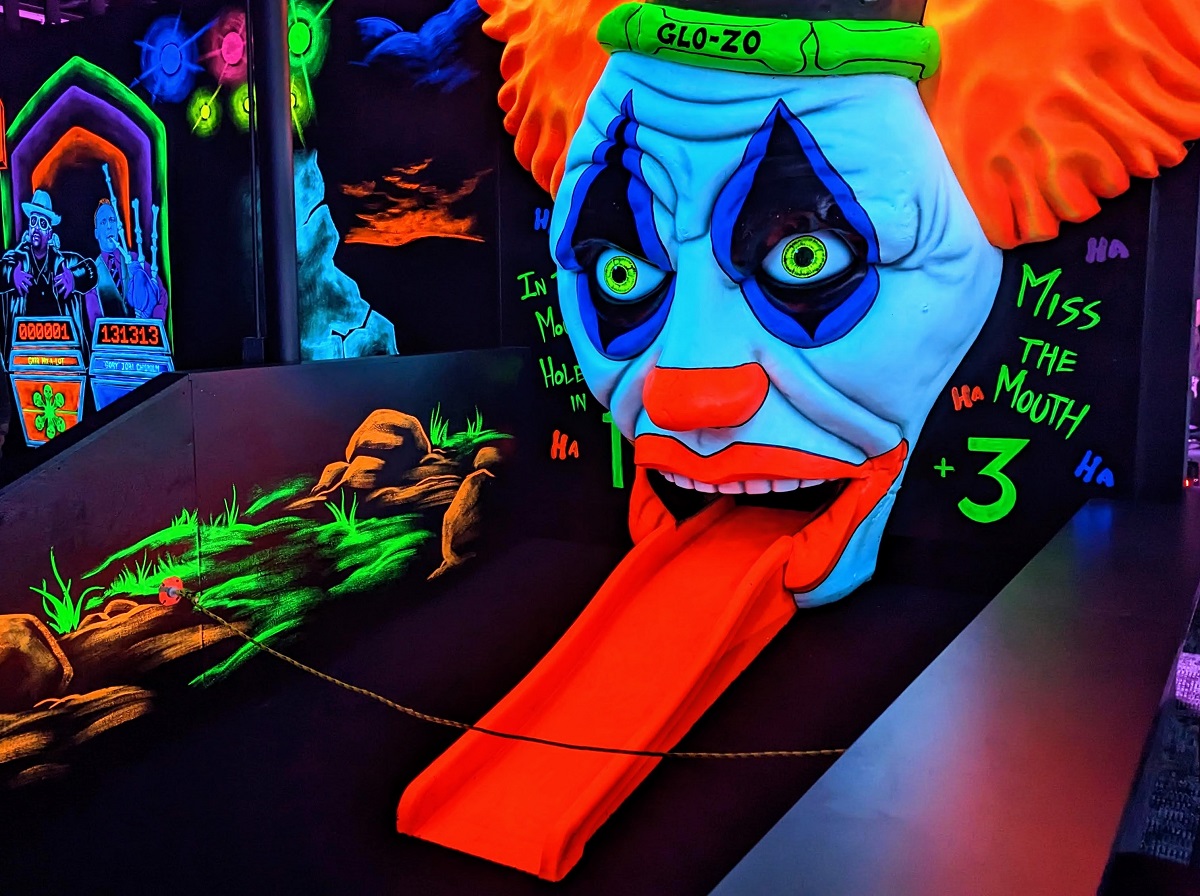 A kind of creepy clown face is one of the holes at Monster Mini Golf newly opened family entertainment center in Bellevue, Wash, near Seattle