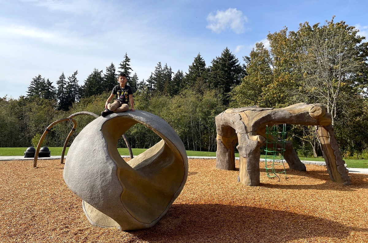 A boy sits atop a climbing structure that resembles an asteroid with a path through it at the new playground at Bellevue’s Newport Hills Woodlawn Park