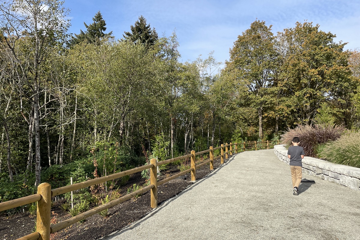 A 9-year-old boy walks on the walking paths at the new Newport Hills Woodlawn Park in Bellevue