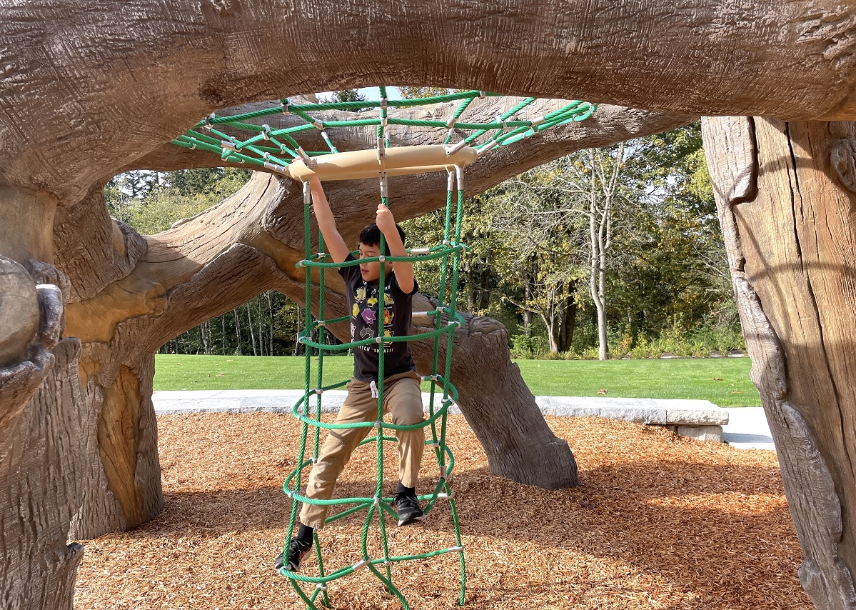 A 9-year-old boy climbs up a cargo net tunnel to the top of the Eagle’s Nest at the new playground at Bellevue’s Newport Hills Woodlawn Park