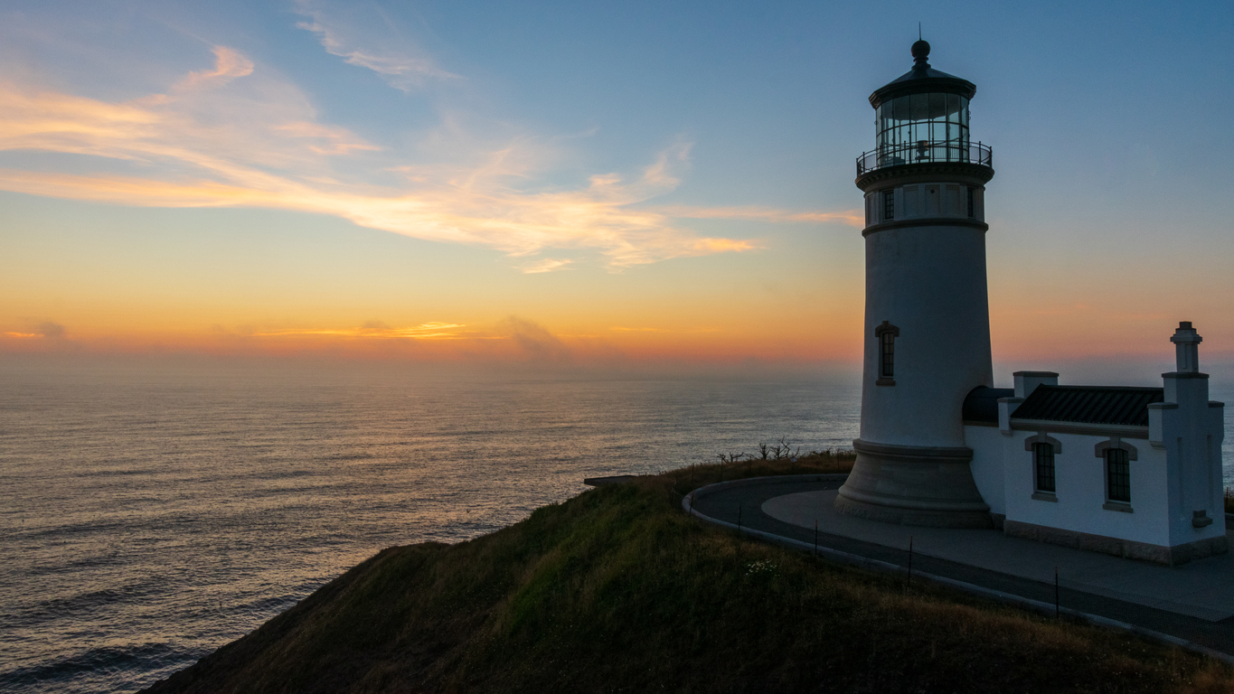 North Head lighthouse at Cape Disappointment State Park view of sunset over the Pacific