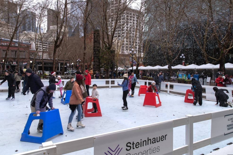 Seattle's Occidental Square Park pop up ice skating rink among seasonal ice skating rinks for families