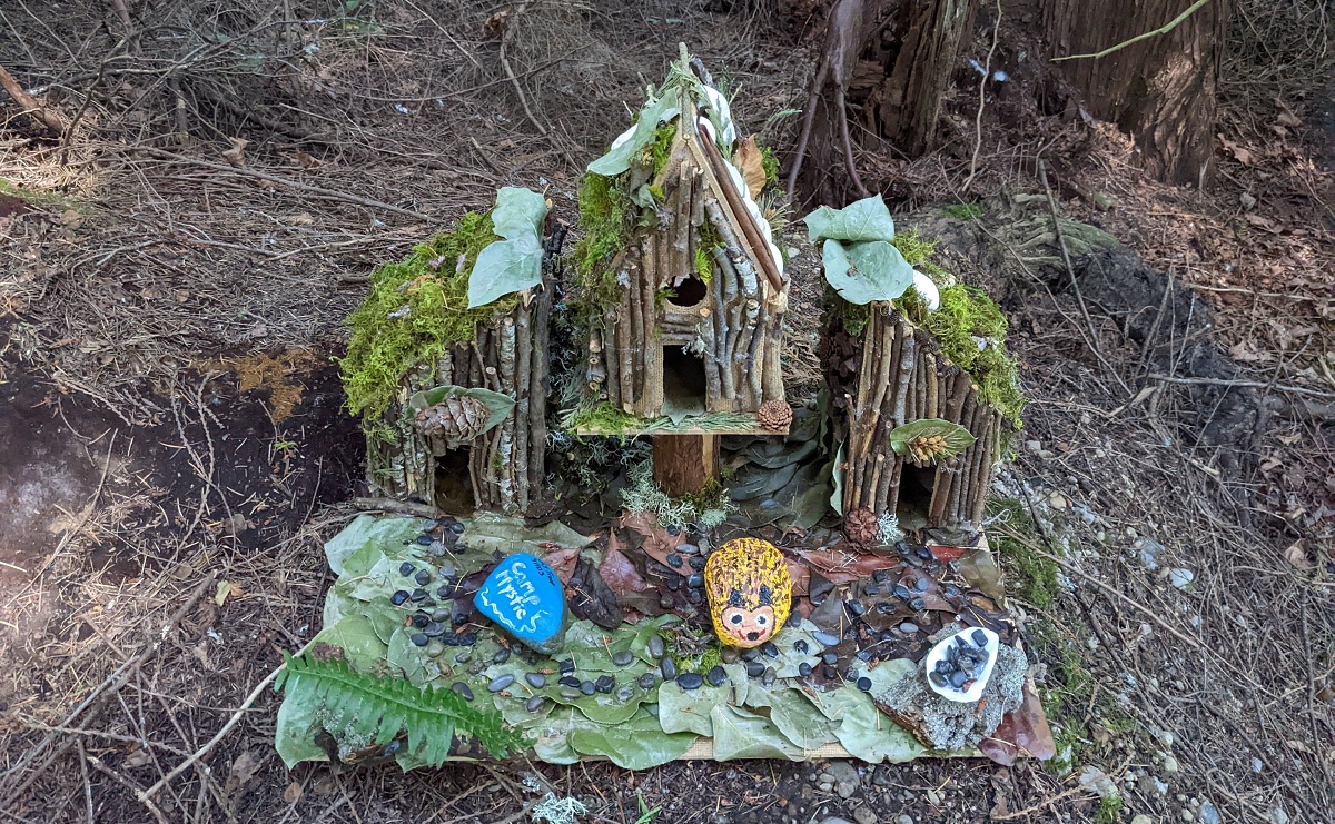 A cute fairy house constructed of sticks, leaves and other natural materials along the Pine Lake Fairy Trail in Sammamish, Wash., near Seattle