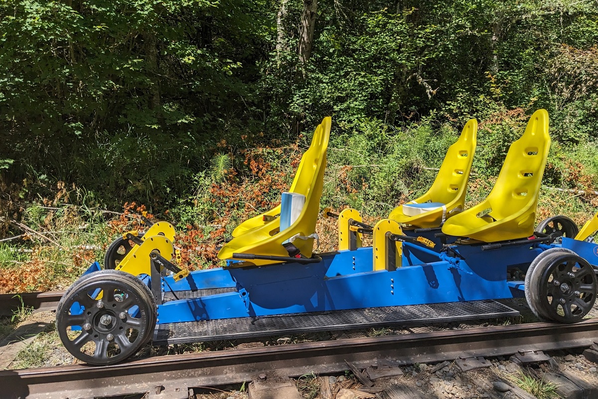 A rail cycle, or rail bike, used on the new RailCycle Mt. Rainier excursion near Seattle, a summer activity for families