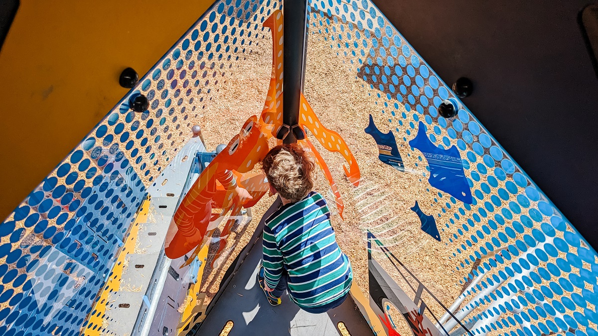 A boy part way up the climbing tower at Kent's Salt Air Vista playground peers out the plexiglass windows decorated with sea creatures