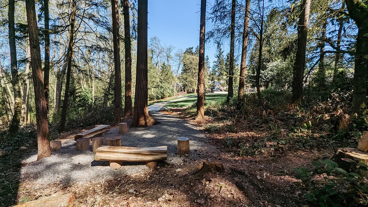 The shady nature seating area in the woods at Salt Air Vista Park in Kent where there’s a fun new playground for kids