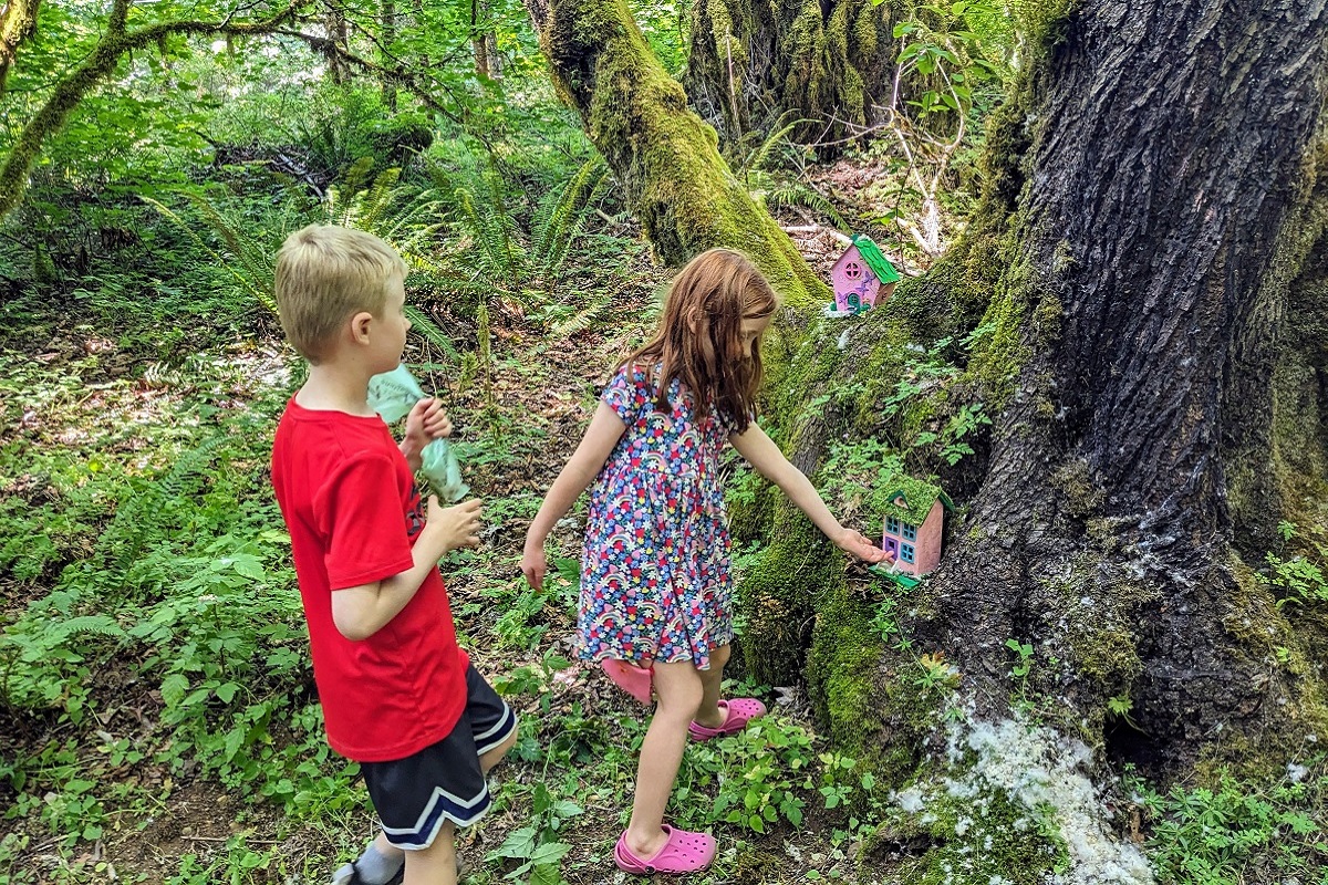 Kids find a fairy home along the Fairy House Trail in Sammamish, this year located in Beaver Lake Preserve