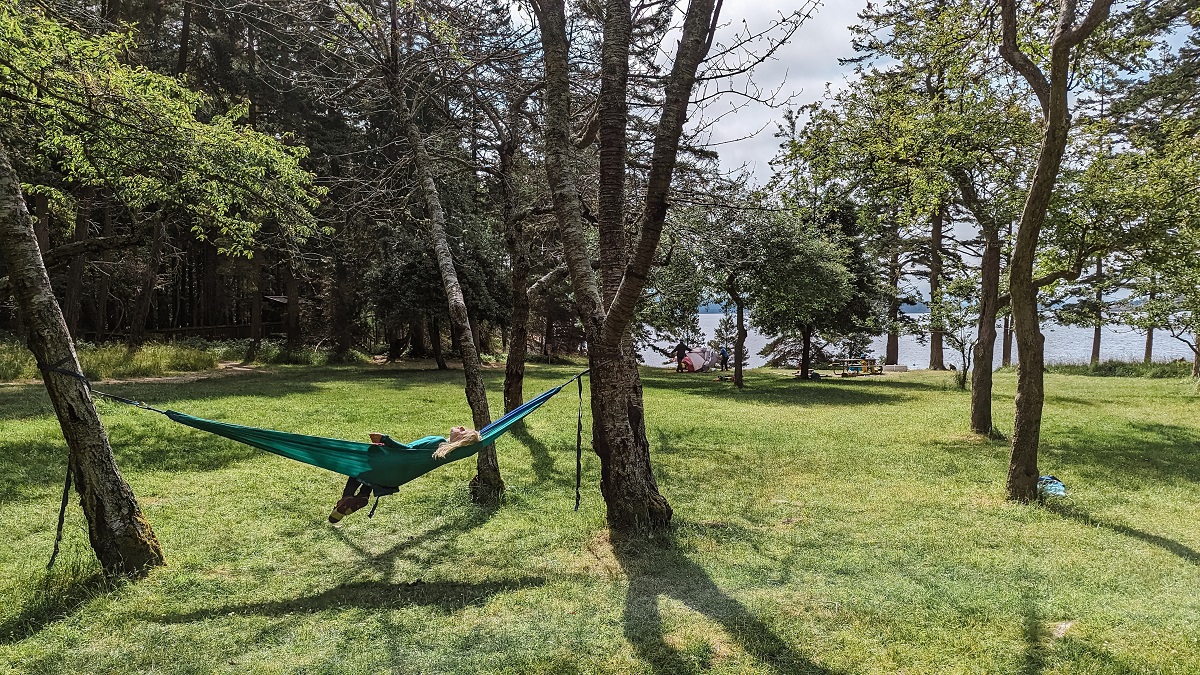 On your San Juan Islands family kayaking trip, a hammock provides the perfect place to relax amid the paddling adventures