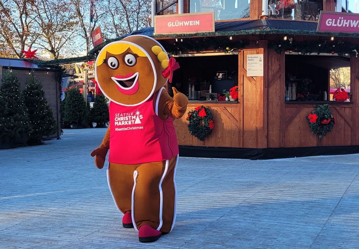 Seattle Christmas Market mascot gingerbread person is the market fun for kids