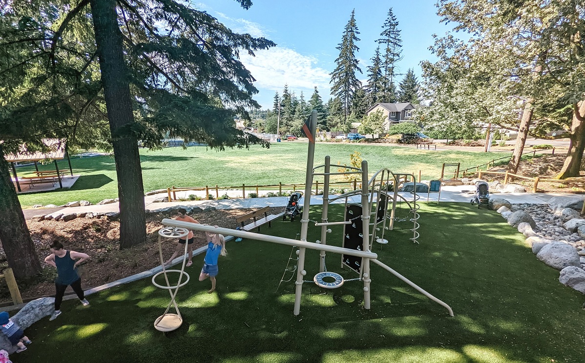 Overview of the new play equipment installed at the playground at South Lynnwood Park near Seattle