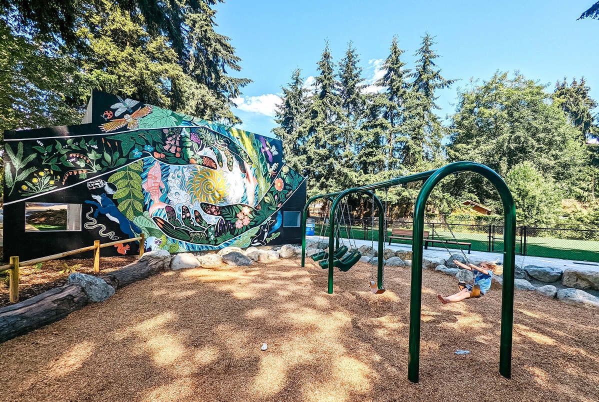 A bank of swings including two reclining accessible swings are situated near a beautiful mural at the newly updated South Lynnwood Park