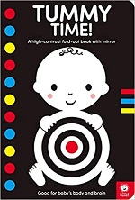 Book cover of “Tummy Time! A High-Contrast Fold-Out Book With Mirror for Babies” by Mama Makes Books