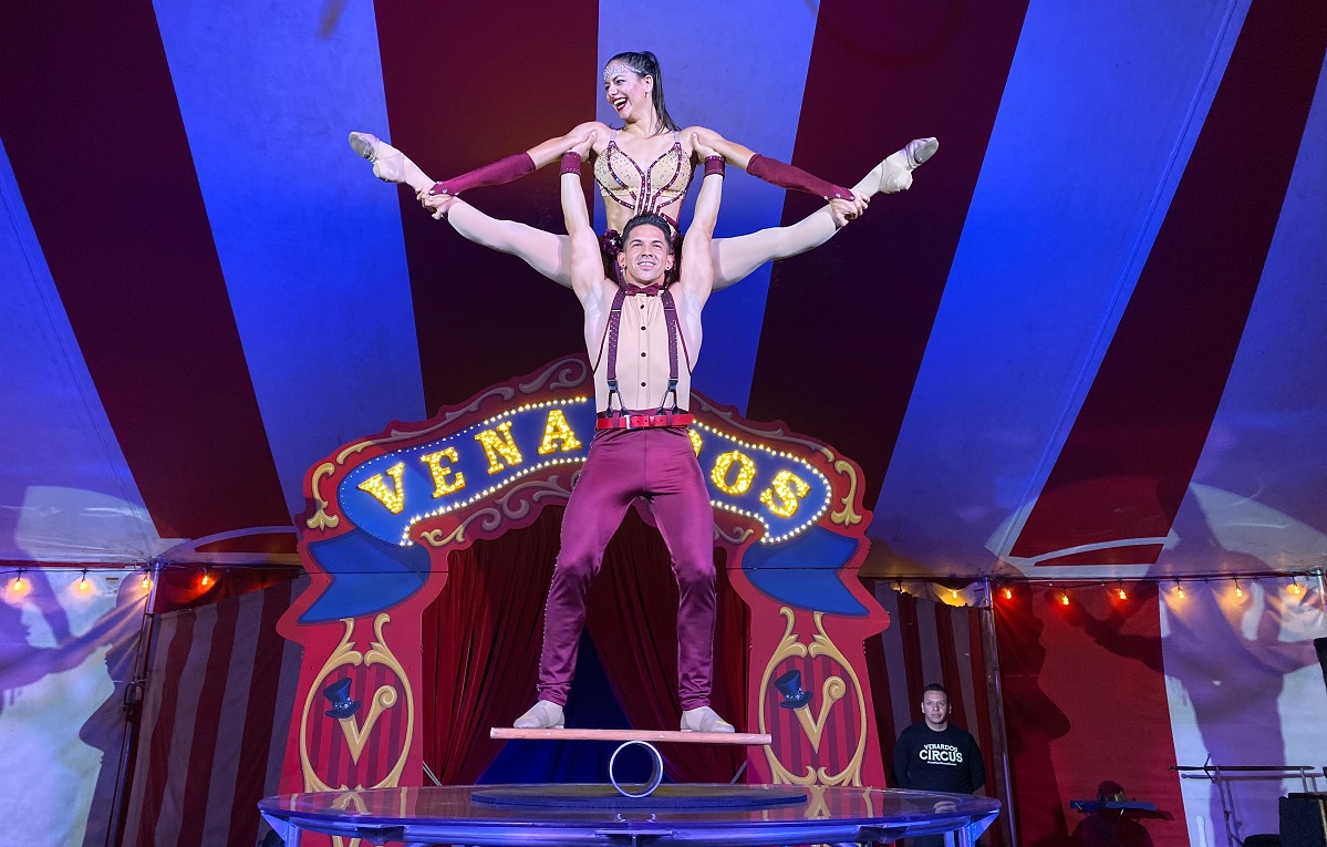 Venardos Circus hand balance performers perform a balancing feat all human no animal circus visiting Tacoma, Washington, summer 2022