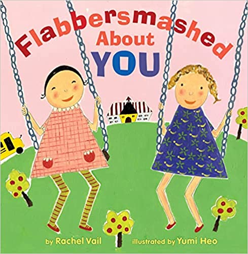 "Book cover for Flabbersmashed about You. Drawing of two girls on swings"