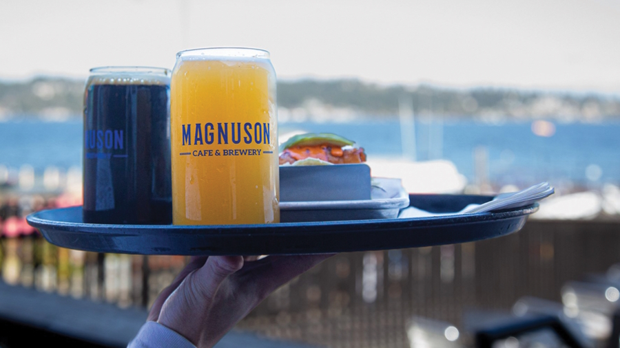 Magnuson Cafe and Brewery beer glasses served on a platter make a great pit stop for folks on the Burke Gilman trail