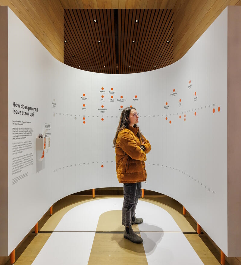 "A woman looking at an exhibit at the Designing Motherhood exhibition at the Gates foundation's Discovery Center"