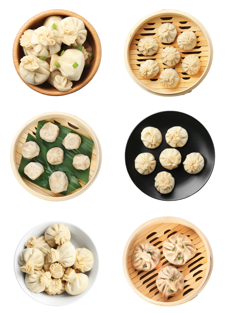 "Six different pans and bamboo steams holding dumplings"