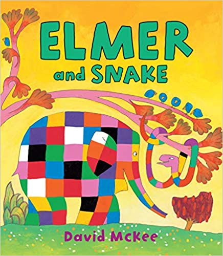 "Book cover for Elmer and Snake. Multicolored elephant smiling at a multicolor snake in a tree"