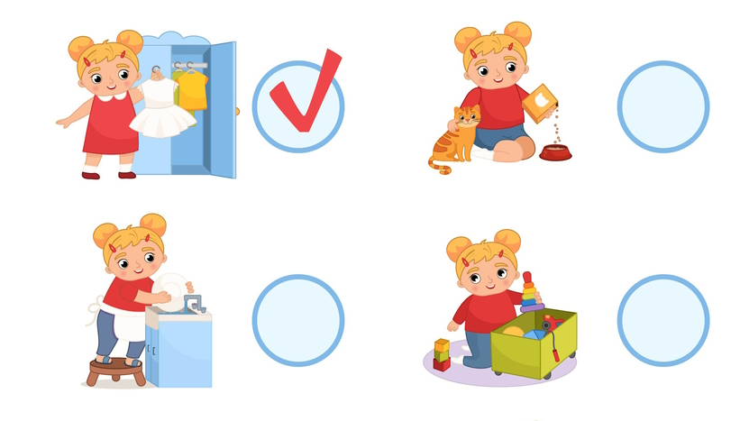 "Example of a visual chart with images of a little girl getting dress, doing dishes, feeding a cat and playing with toys"
