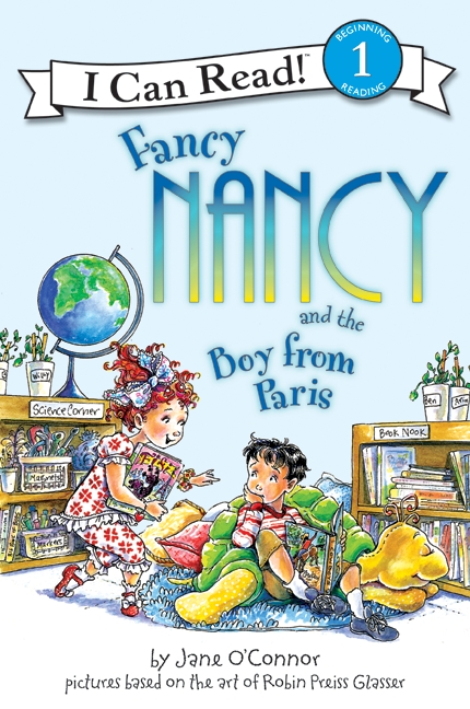 "Book cover for Fancy Nancy and the Boy from Paris. Drawing of a boy and a girl in a library. "