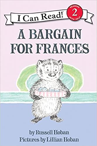 "Book cover for A Bargain for Frances. Young badger holding a tea set in a box."