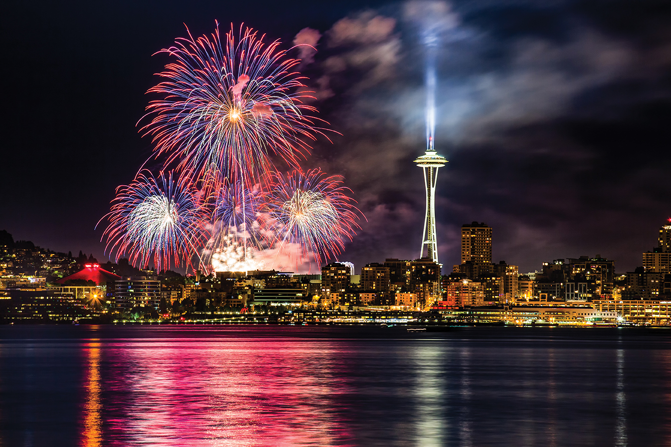 "Fireworks with the space needle in the background"