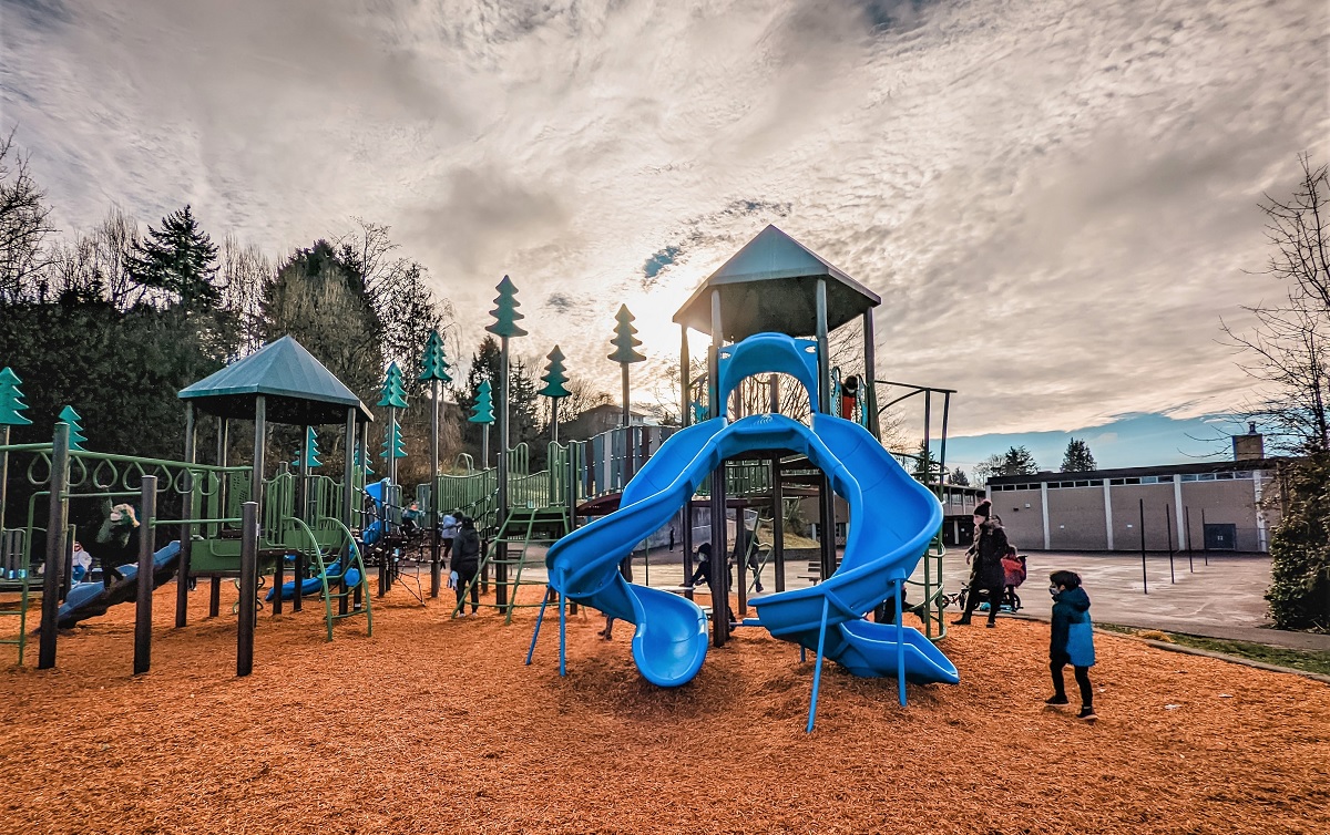 Double blue twisty slides at new playground structures at West Seattle’s Fairmount Playground just updated