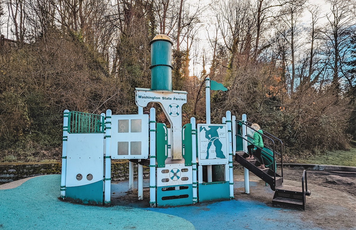The older ferry boat-themed play structure at Fairmount Playground in West Seattle. This feature was preserved and new play equipment was added