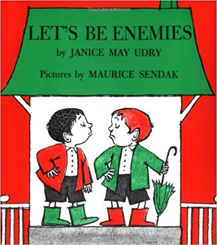 "Book cover for Let's be Enemies. Drawing of two boys looking at each other with disgust "