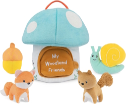 "Soft toy set with acorn house and a fox, snail and squirrel"