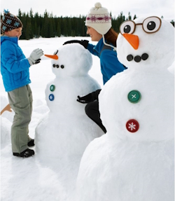 "Snowman decorating kit and a mom and son in the snow together with the best snow gear and toys"