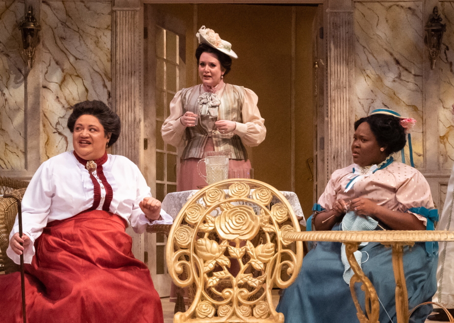 "Rebecca M. Davis, Melanie Hampton, and Bretteney Beverly in A Woman of No Importance at Taproot Theatre Company."