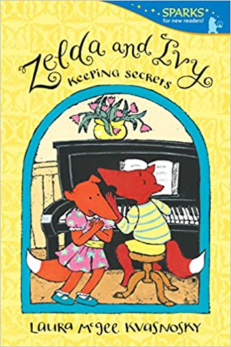 "Book cover for Zelda and Ivy. Drawing of two young foxes sitting at a piano whispering to each other."