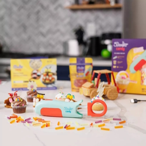 Collage of new candy 3D pen including candy bits and tools in a kitchen.