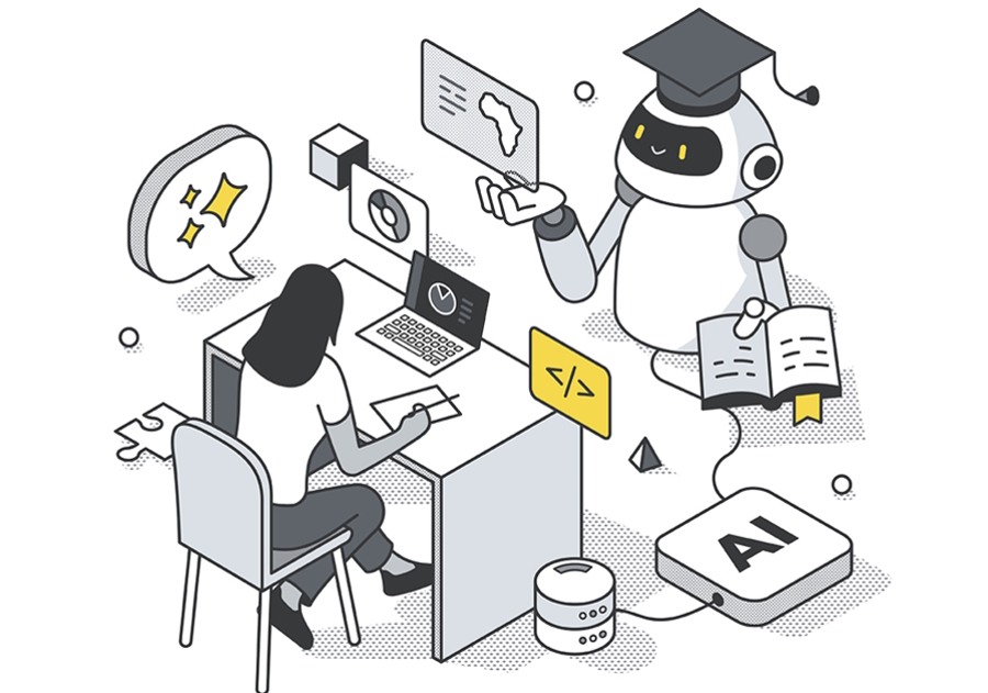 drawing of an AI robot helping a woman with her work at a des